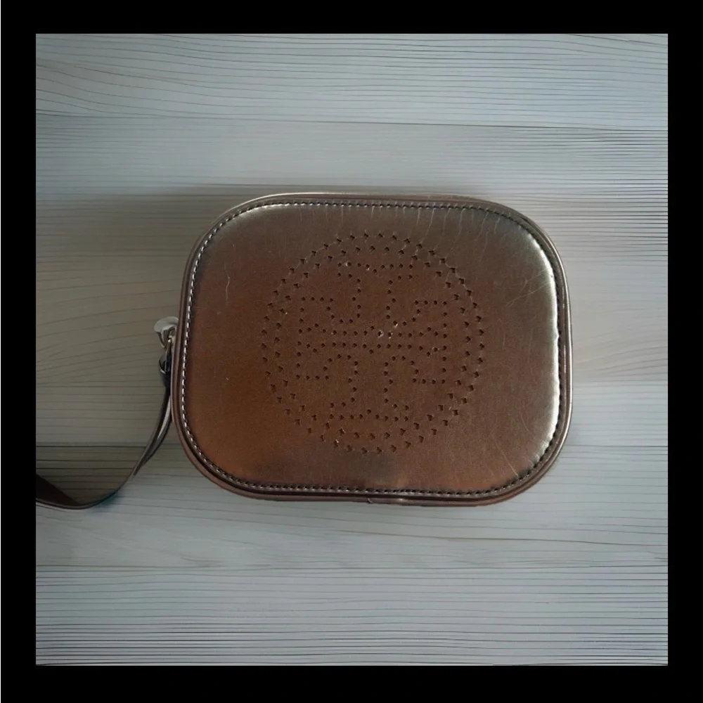 Tory Burch Metallic Bronze Perforated Logo Wristlet Pouch